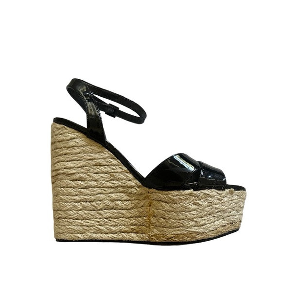 Bebe Black Patent Karissa Espadrille Wedge Platform Sandals Size 9.5 - Picture 11 of 11